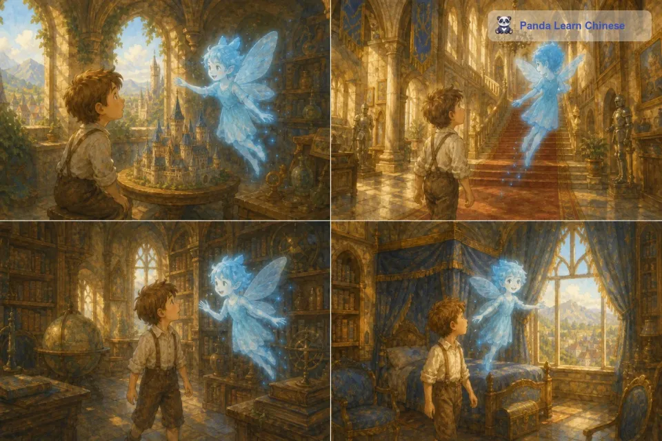 小精灵告诉汉斯，这座城堡是一座有魔法的城堡，它可以在天空中飞行到任何地方。汉斯非常好奇，他问小精灵自己能不能在城堡里参观一下。小精灵笑着点了点头，然后带着汉斯开始参观城堡的各个地方。