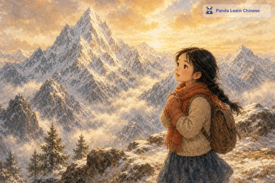 然后，她们来到了雪山。雪山高耸入云，山顶上覆盖着厚厚的积雪。小莉感觉有点冷，但她又被眼前壮丽的景色所震撼。