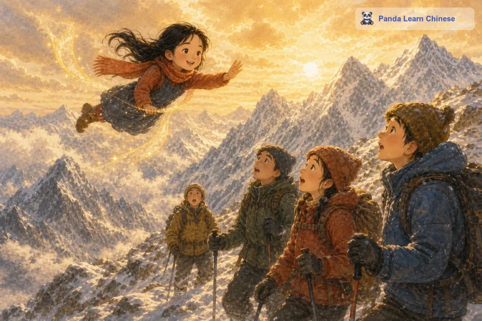 雪山上有一些登山者在艰难地攀登，他们看到小莉在空中飞翔，都惊讶地张大了嘴巴。小莉向他们送上祝福，希望他们能顺利登顶。