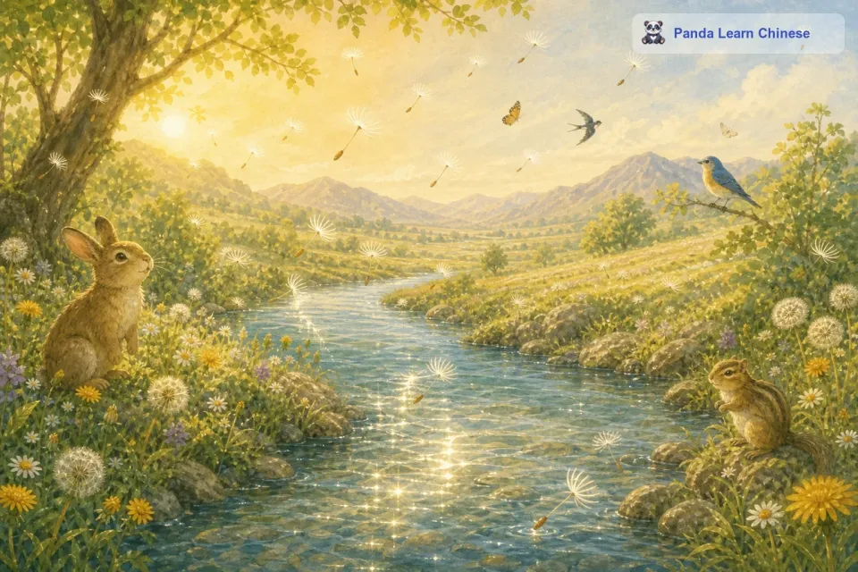 它们又飞过了一条清澈的小溪，溪水潺潺流淌着，在阳光的照耀下闪烁着银光。有几颗种子差一点就掉进溪水里，不过微风轻轻一转方向，又把它们带向了远方。慢慢地，风渐渐小了，种子们开始陆陆续续地降落。