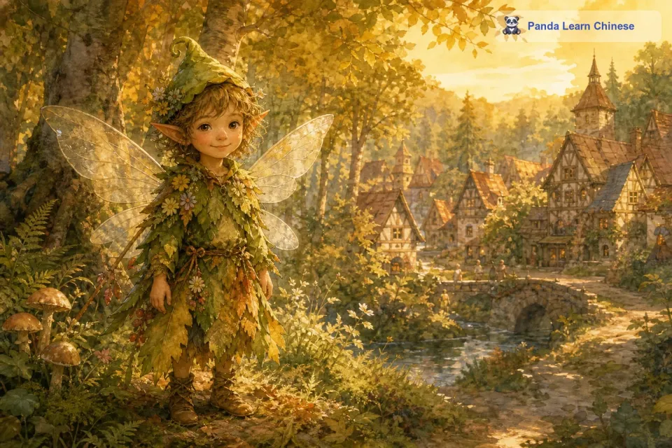 在德国的一片神秘森林里，住着一个善良的森林精灵。这个精灵长得小小的，背后有着透明的翅膀，总是穿着一身用树叶和花朵编织成的衣服。森林里有一个小村庄，村庄里有许多孩子，他们善良且充满好奇心。