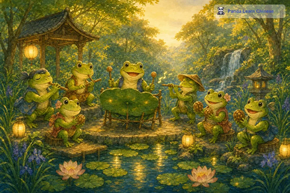 笛子青蛙则对着芦苇笛吹了吹，试试音准，他眯着眼睛，仔细地听着每一个音符。拿着沙锤的青蛙也晃动着沙锤，确保沙子的声音不会太沉闷。