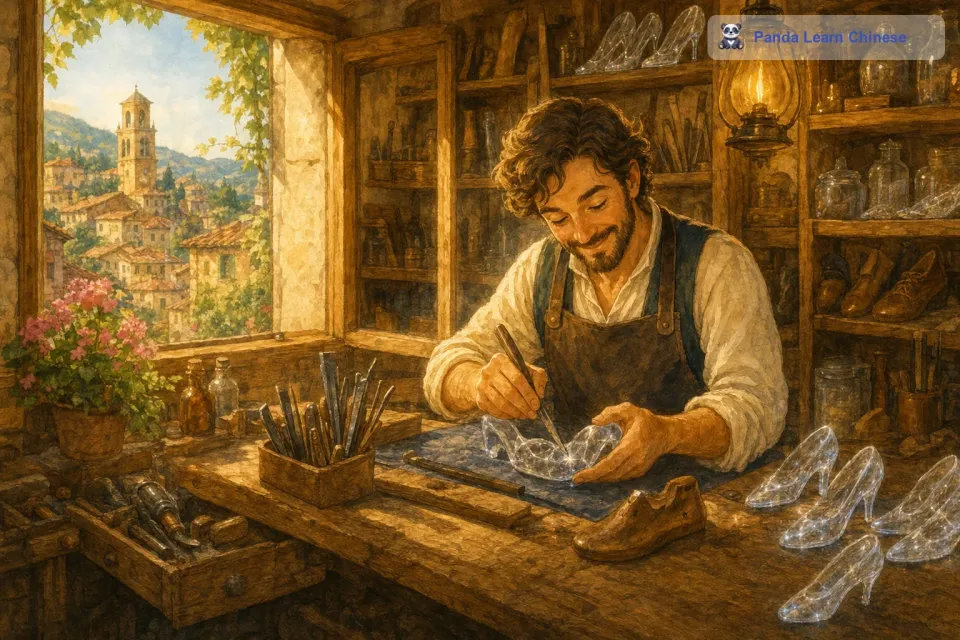 鞋匠住在小镇边缘的一个小房子里，房子里摆满了他制作玻璃鞋的工具和材料。他每天都会早早起来，坐在工作台前，精心地切割、打磨玻璃。