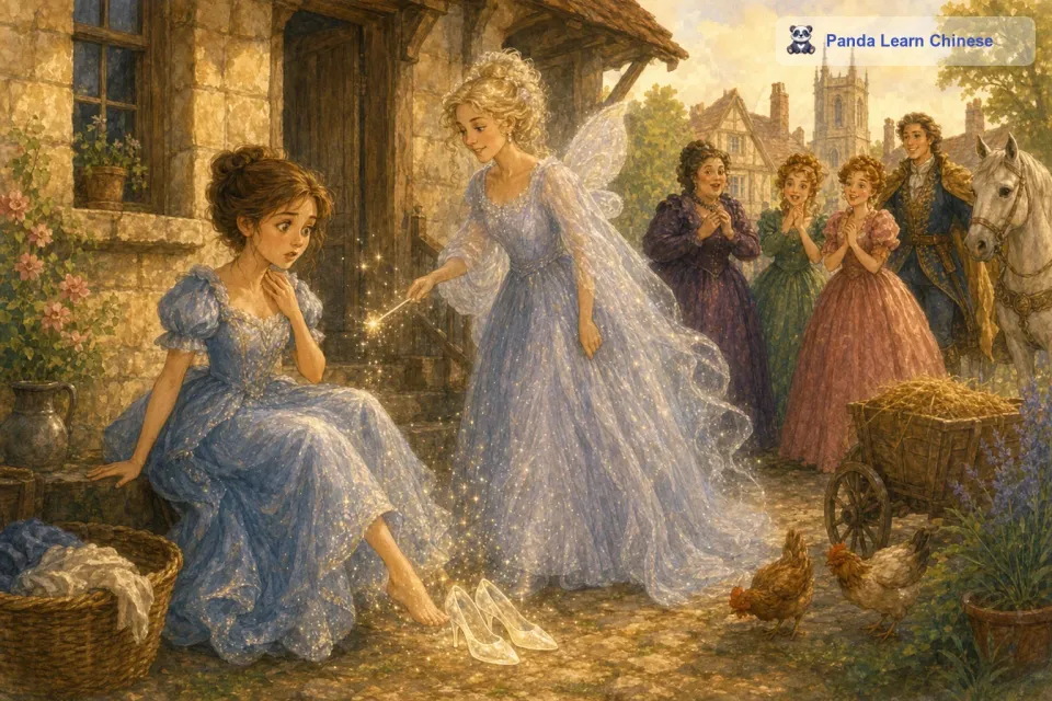就在她感到非常难过的时候，一位仙女出现在她的面前。仙女用魔法给艾丽西亚变出了一件漂亮的裙子和一双神奇的玻璃鞋。仙女告诉她，这双玻璃鞋有魔力，但在午夜十二点的时候，魔力就会消失。