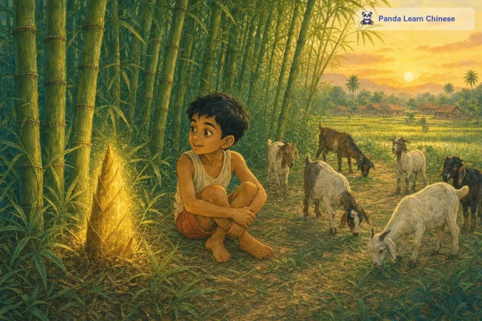 有一个叫拉杰的小男孩，他特别好奇这个金色竹笋。每天他都会趁着放羊的时候，跑到竹林里，坐在金色竹笋旁边。他觉得这个竹笋好像有一种神秘的力量，在吸引着他。
