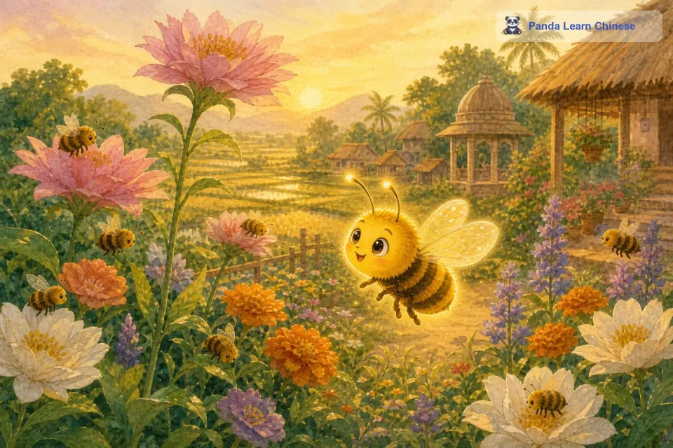 这个花园里有各种各样美丽的花朵，蜜蜂们每天都辛勤地在花丛中采蜜。可是，有一个小问题，花园里有些花朵生长在比较高的地方，有些小蜜蜂够不着。