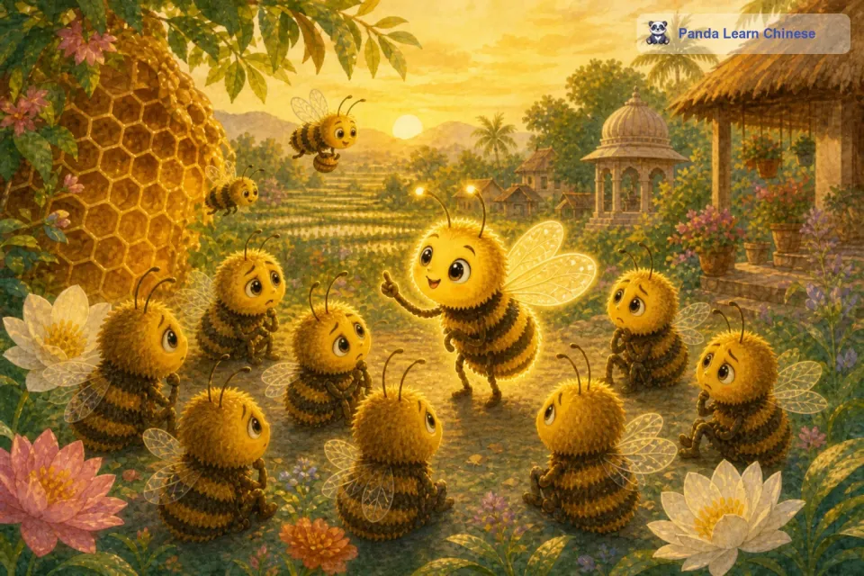 金色蜜蜂看出了它们的担忧，它笑着说：“我们是一个大家庭，当我们分享和合作的时候，整个花园的花蜜都会变得更多。因为我们一起努力，就可以采到更多的花蜜，然后大家再公平地分享。