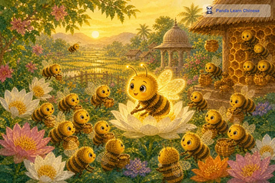 从此以后，这个花园里的蜜蜂们一直保持着分享与合作的传统，它们的生活也变得越来越幸福美满。而金色蜜蜂也成为了蜜蜂家族里最受尊敬的一员，它的智慧被一代又一代的小蜜蜂传颂着。