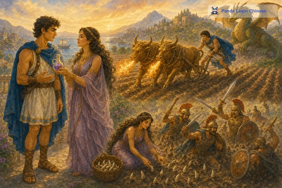 美狄亚是一个精通魔法的公主，她给了伊阿宋一瓶神奇的药水，可以让他在一天之内不怕火烧，并且拥有超强的力量。伊阿宋喝下药水后，成功地驾驭了铜牛，耕好了地，并且种上了龙牙。当龙牙生长出武士时，伊阿宋按照美狄亚的指示，在武士们还没有完全清醒的时候，向他们中间扔了一块石头。武士们以为是敌人来袭，于是自相残杀，最后全部倒下。