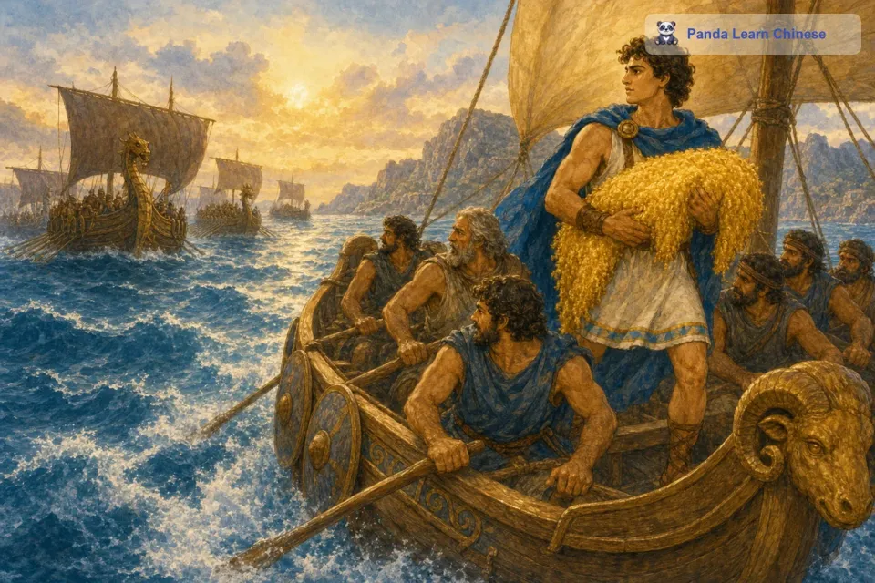 伊阿宋和他的伙伴们带着金羊毛，登上了“阿尔戈号”，开始了返程之旅。但是，国王埃厄忒斯派出了舰队在后面追赶他们。在追逐的过程中，美狄亚又一次展现了她的智慧。她杀死了自己的弟弟，并且把他的尸体分成了很多块，扔到了海里。国王埃厄忒斯看到儿子的尸体，悲痛欲绝，他命令舰队停下来，去打捞儿子的尸体。这样，伊阿宋他们就成功地摆脱了追兵。