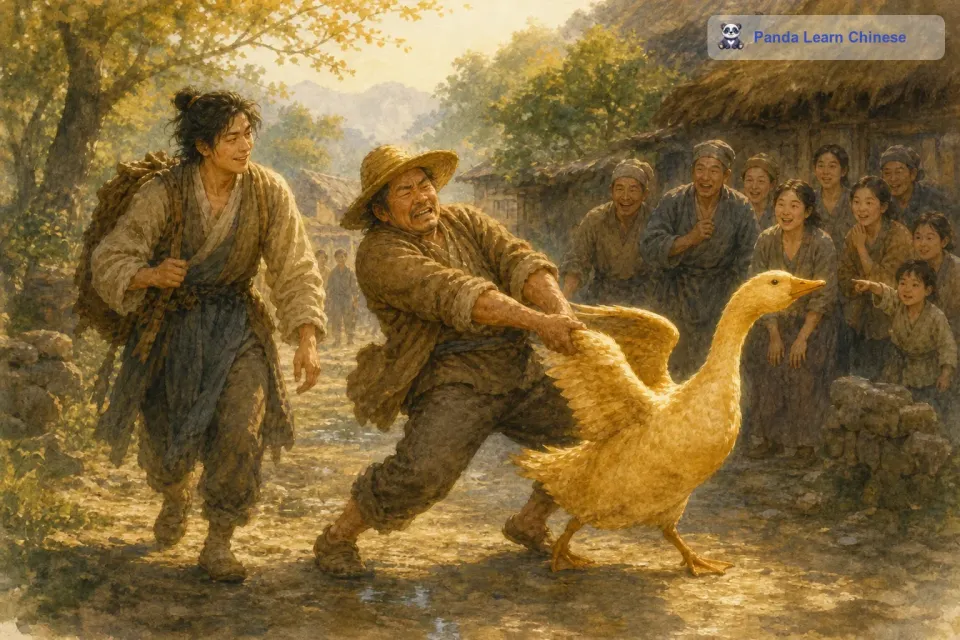 小伙子决定带着金鹅一起离开森林。他带着金鹅走过村庄，村里的人看到金鹅都十分好奇。有一个贪心的农夫，他看到金鹅后就想把金鹅据为己有。他伸手去抓金鹅，可是奇怪的事情发生了，他的手一碰到金鹅就被粘住了，怎么也甩不掉。