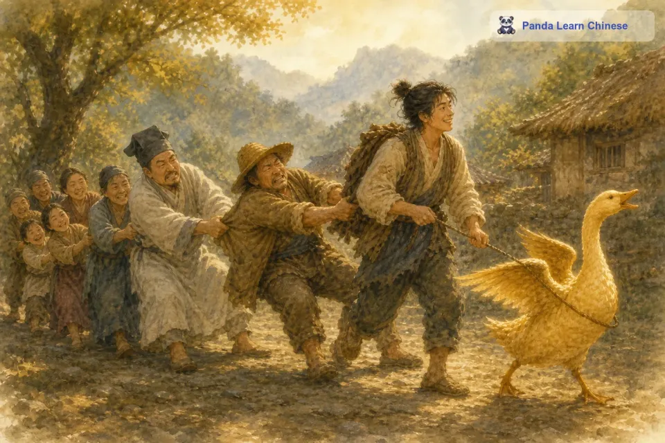 小伙子继续往前走，被粘在金鹅上的农夫只能跟着他。在路上，他们又遇到了一个牧师。牧师看到这个情景觉得很滑稽，他想去拉开农夫，结果他一碰到农夫就也被粘住了。