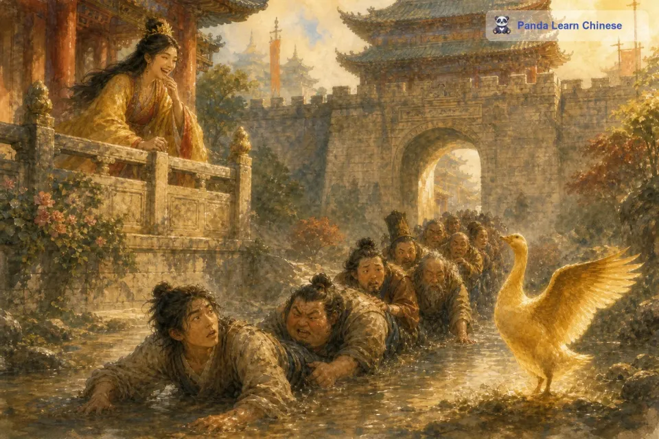 最后，小伙子带着这一串被粘住的人来到了一座城堡前。城堡里住着一位公主，公主非常美丽但是也很骄傲。公主看到这样奇怪的一幕，忍不住哈哈大笑起来。小伙子向公主讲述了金鹅的故事，公主被小伙子的善良和这个有趣的故事打动了，她决定让小伙子和这些被粘住的人都进入城堡。