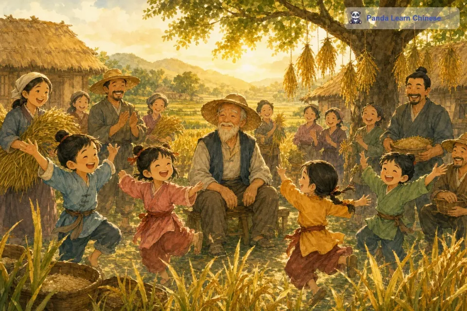 孩子们在一旁欢快地跳舞，他们的笑声回荡在整个村庄。拉杰爷爷坐在中间，他看着快乐的村民们，心中充满了欣慰。他知道，这些关于稻田的智慧和故事，将会在这个村庄里一代一代地传承下去，就像这片金色的稻田一样，永远充满生机。