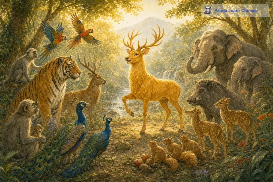金鹿看到这样的场景，非常痛心。它决定站出来，成为森林之王，引导大家重新过上和睦的生活。它迈着优雅的步伐走到争吵的动物们中间，用它那温柔而又坚定的声音说道：“朋友们，我们生活在同一片森林里，就像一个大家庭一样，我们不应该互相争斗，而应该互相帮助。