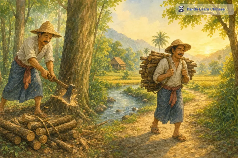 这一天，樵夫像往常一样早早地来到树林里。他挥舞着斧头，砍着粗壮的树木，不一会儿就砍了一大捆柴。当他背着柴准备回家的时候，路过了一条清澈的小河。
