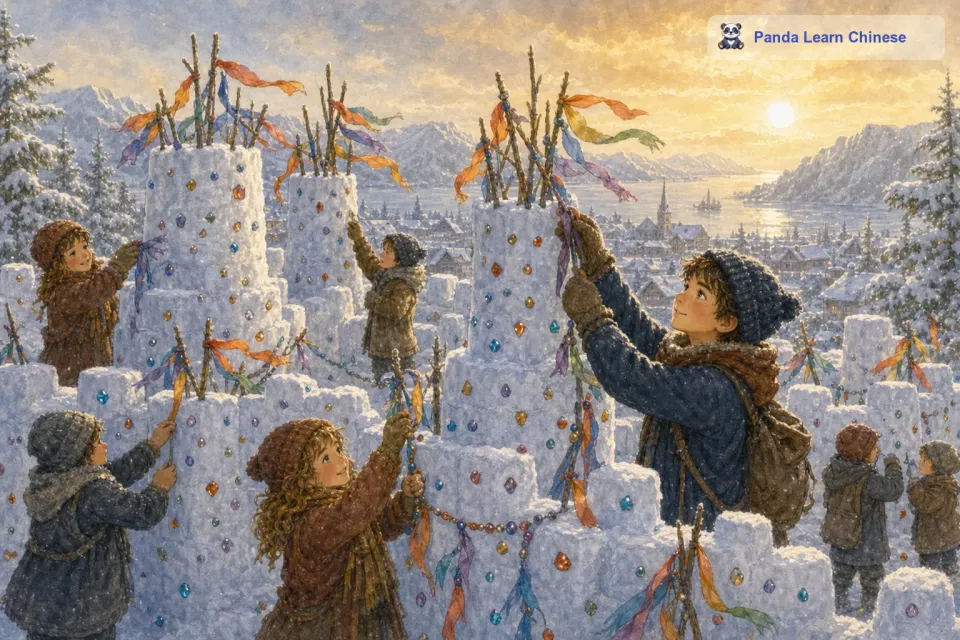 孩子们带着找到的树枝回来后，把树枝插在城堡的各个角落，当作塔尖。然后，他们又从家里拿来了一些彩色的布条和小珠子。他们把彩色布条系在树枝上，就像城堡的旗帜在风中飘扬。小珠子则被镶嵌在雪墙上，像宝石一样闪闪发光。
