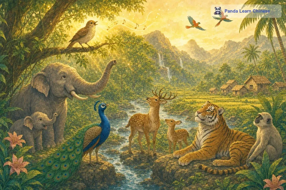 有一天，一只夜莺站在枝头，唱出了美妙的歌声。这歌声宛如清澈的溪流，穿过茂密的枝叶，在丛林中回荡。其他动物们听到了这歌声，都纷纷被吸引过来。