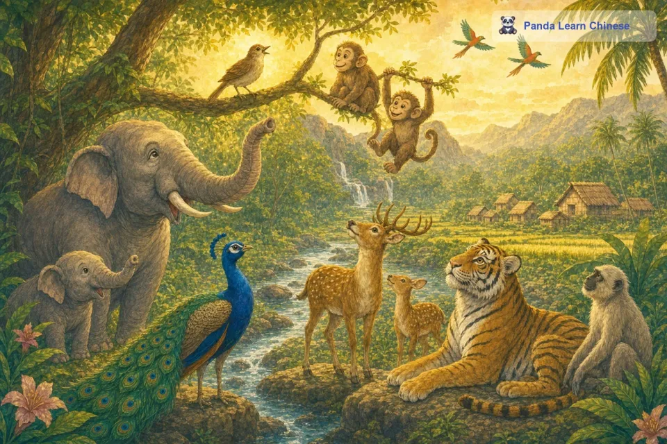 夜莺看到大家都围了过来，有些害羞地停止了歌唱。大象用它那浑厚的声音说：“小夜莺，你的歌声真美，就像天上的星星一样闪耀，你应该继续唱下去呀。猴子也在一旁叽叽喳喳地附和着：“是啊，是啊，我们都很喜欢听呢。