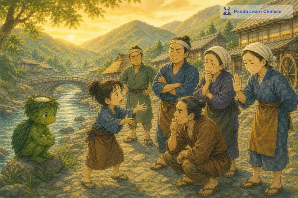 小女孩回到村子里，把河童救她的事情告诉了村民们。可是村民们都不相信，他们觉得小女孩是被吓坏了，产生了幻觉。