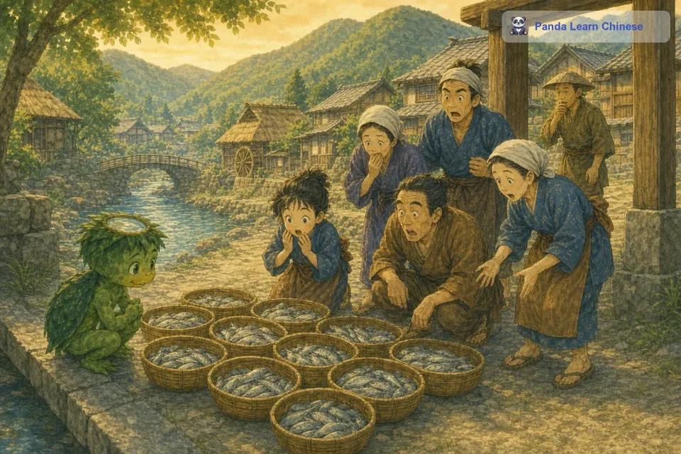 河童并没有因为村民们的不信任而生气，它想要用更多的行动来证明自己的友好。于是，它开始在河里捕捉很多鱼，然后把鱼放在村庄的入口处。村民们发现了这些鱼，都很惊讶，但是他们还是没有想到是河童做的。