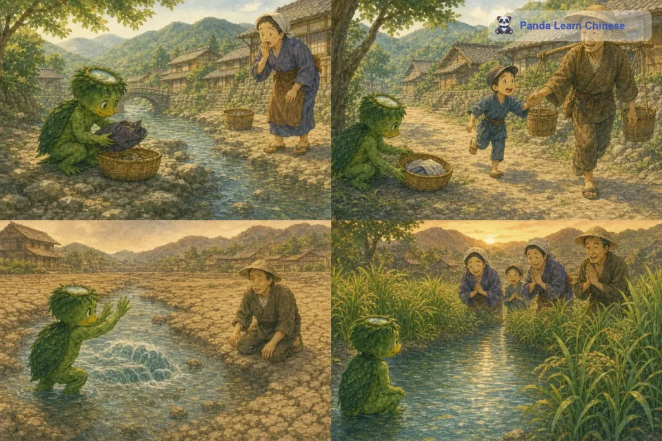 随着时间的推移，河童经常在暗中帮助村民。它会把在河里捡到的村民丢失的东西放在岸边显眼的地方，还会在干旱的时候用自己的能力让河流保持一定的水量，让庄稼不至于干涸。