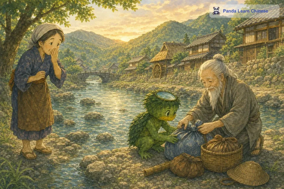 终于，有一天一个村民亲眼看到了河童在河边帮助一个老人捡东西。这个村民把他看到的告诉了其他村民，村民们开始相信河童是善良的。