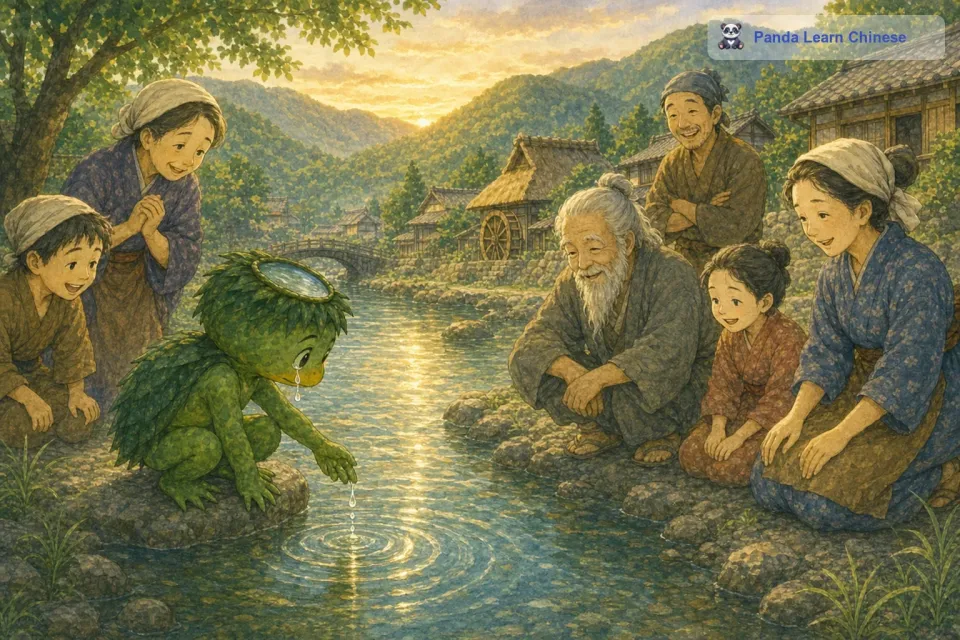 从那以后，村民们不再害怕河童，他们接受了河童成为村庄的一员。河童高兴得流下了一滴泪珠，这滴泪珠掉进河里，泛起了一圈圈美丽的涟漪。这滴泪珠代表着河童的善良终于得到了认可，也代表着人与妖怪之间的美好友谊的开始。从此以后，河童和村民们一起幸福地生活在这个小村庄里。