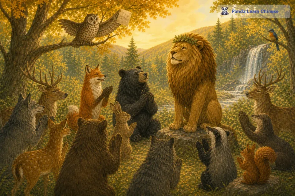投票结束后，负责计票的猫头鹰开始紧张地统计票数。最后，猫头鹰飞到一个高高的树枝上，宣布了选举结果。狮子以最多的票数当选为森林之王。