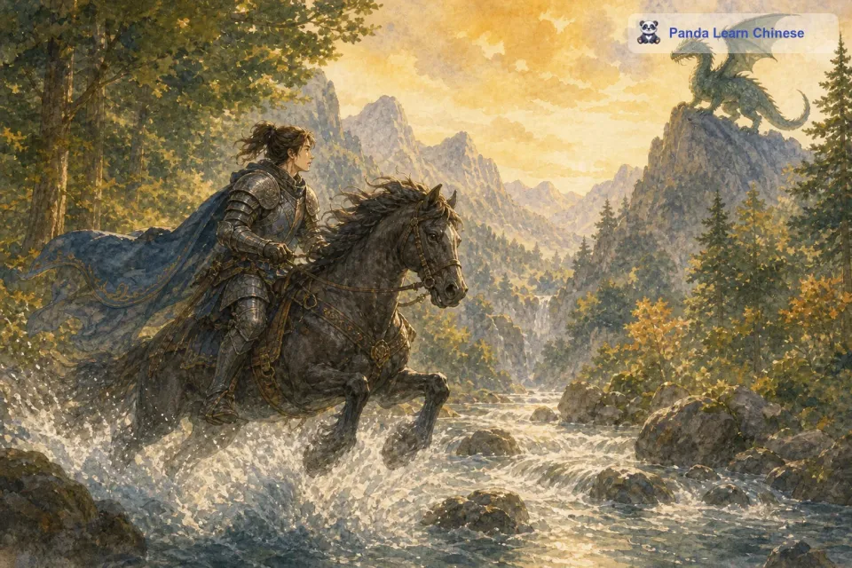 骑士骑上他那匹强壮的马，向着恶龙所在的高山出发了。一路上，他克服了许多艰难险阻，穿过了茂密的森林，越过了湍急的河流。