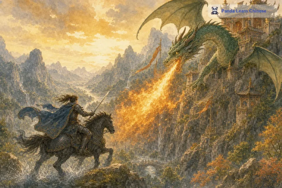 终于，骑士来到了恶龙所在的城堡。恶龙发现了骑士的到来，从城堡里飞了出来，对着骑士喷出火焰。