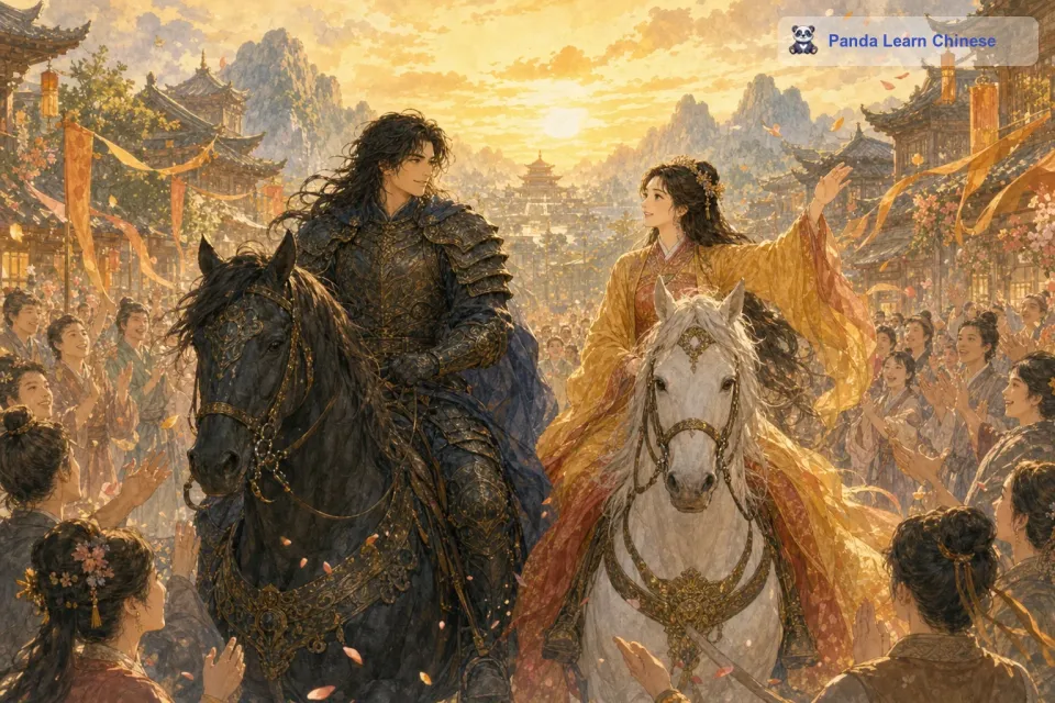 公主看到骑士，眼中满是感激。骑士带着公主回到了王国，百姓们欢呼雀跃，欢迎他们的归来。从此，骑士和公主过上了幸福的生活，这个王国也恢复了往日的繁荣和平静。