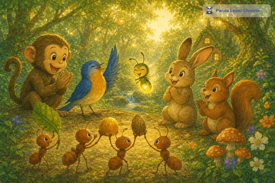 小动物们都很感激萤火虫，它们对萤火虫说：“你的光虽然看起来很微弱，但是在黑暗中却有着巨大的作用，这是非常了不起的特长呢。萤火虫听了大家的话，非常开心，它终于明白了，每个人都有自己的特长，不管这个特长看起来多么渺小，在合适的时候都会发挥巨大的力量。