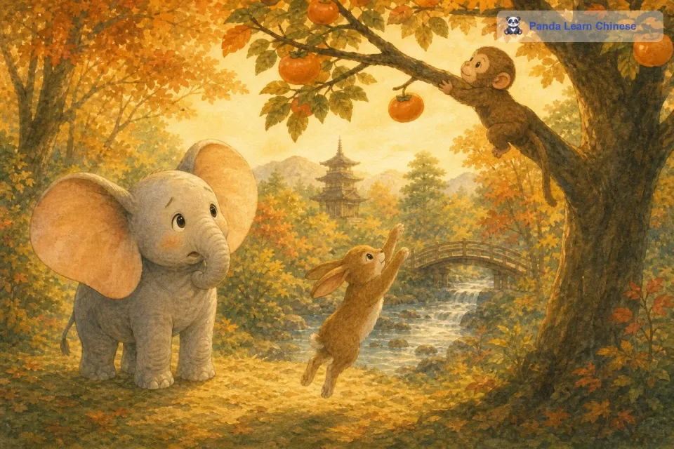 小猴子身手敏捷，迅速地爬上了树，可是它的手臂太短，够不到远处的果实。小兔子虽然跳得高，但是它的力气太小，也无法把果实摘下来。小象在一旁看着，心里很是着急。