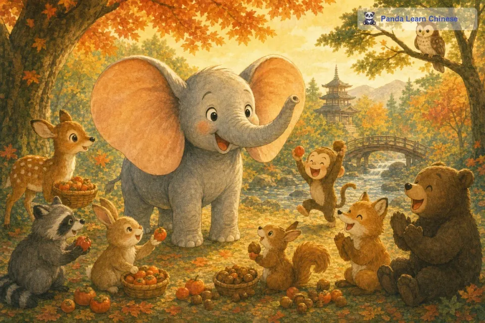 小动物们高兴地捡起果实，它们对小象说：“小象，你的大耳朵可真厉害呀！小象听了，心里很是开心。从那以后，小象再也不自卑了，它知道自己的与众不同是一种优势。