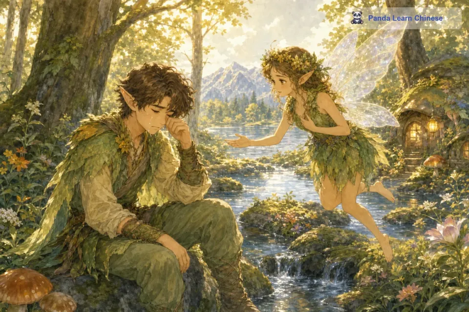 这时，一个小精灵正好路过。她听到小男孩的哭声，轻轻地飞了过去。小精灵的眼睛像星星一样闪烁，她用温柔的声音问小男孩：“你为什么哭呀？