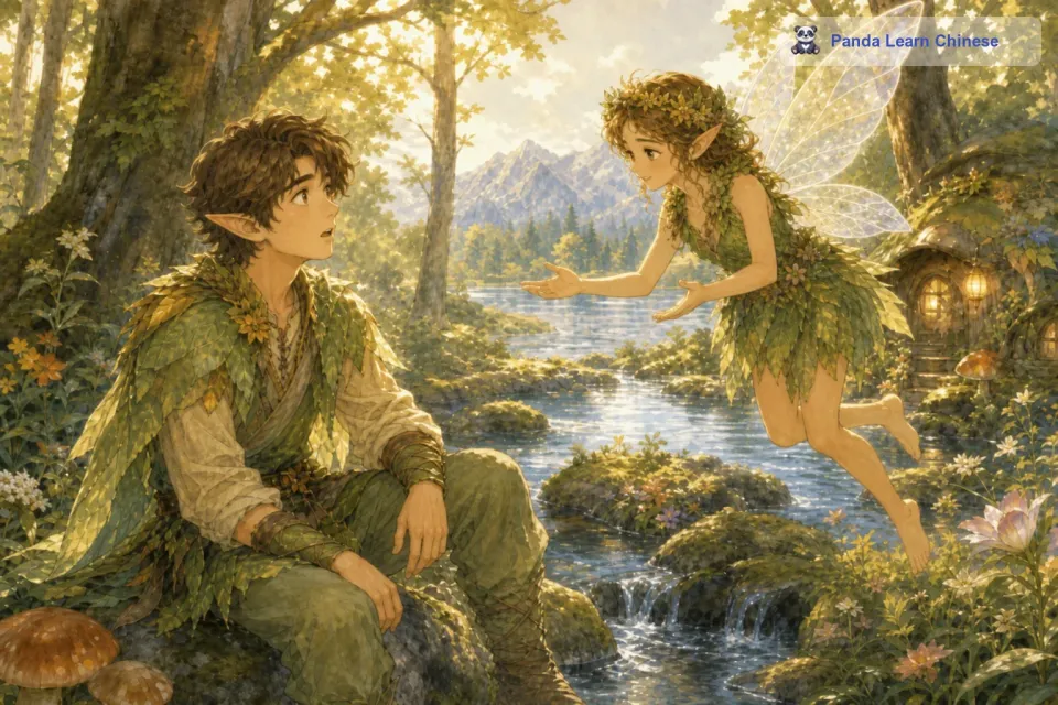 小男孩抬起头，看到小精灵既惊讶又害怕。小精灵微笑着安慰他说：“不要害怕，我可以帮你找到回家的路。