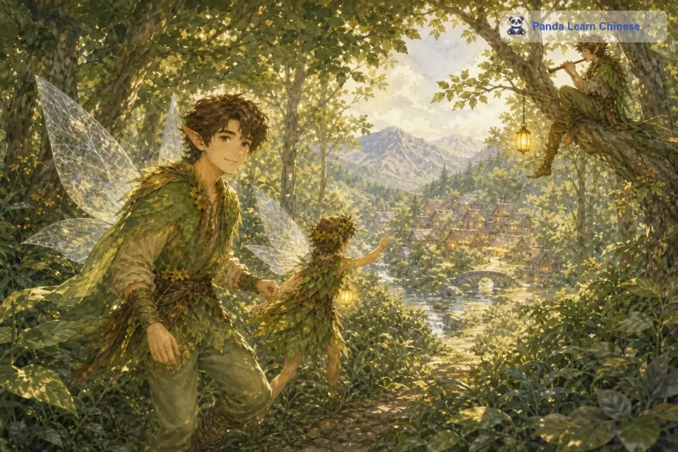 他们沿着小溪继续往前走，突然听到了一阵悠扬的笛声。小精灵高兴地说：“这是我们精灵族的伙伴在给我们指引方向呢。小男孩紧紧跟着小精灵，朝着笛声的方向走去。穿过一片茂密的灌木丛后，小男孩看到了远处熟悉的村庄。