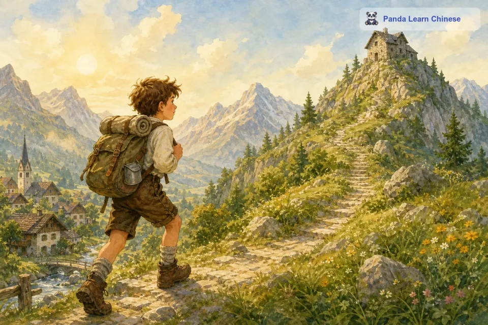 有一个名叫汉斯的小男孩，他特别勇敢，对那座山顶小屋的好奇已经到了无法抑制的地步。于是，在一个阳光明媚的清晨，他背上行囊，开始向着山顶进发。