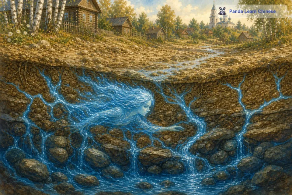 小河开始努力地汇聚它剩余的力量。它把自己渗入地下，去寻找那些隐藏在深处的水源。虽然这个过程非常艰难，但是小河凭借着顽强的意志，一点一点地积攒着水量。