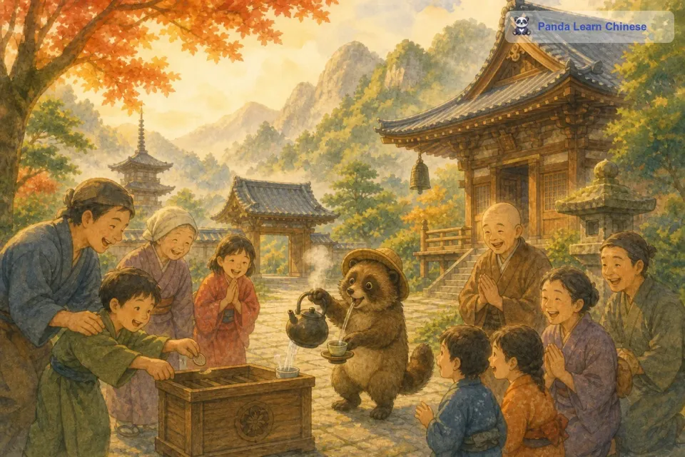 它一会儿把自己的身体变成一个圆球滚动，一会儿又用自己的小爪子把小石子抛向空中再接住，就像一个技艺高超的杂技演员。和尚看到茶釜的表演，忍不住笑了起来，他觉得这个茶釜真的很有趣。而且，茶釜的表演吸引了很多周围的村民和路过的旅人。