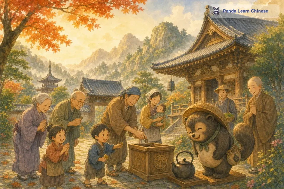 村民们看到这么有趣的表演，都非常高兴。他们知道寺庙遇到了困难，于是纷纷从自己的口袋里拿出钱币，放进寺庙的功德箱里。