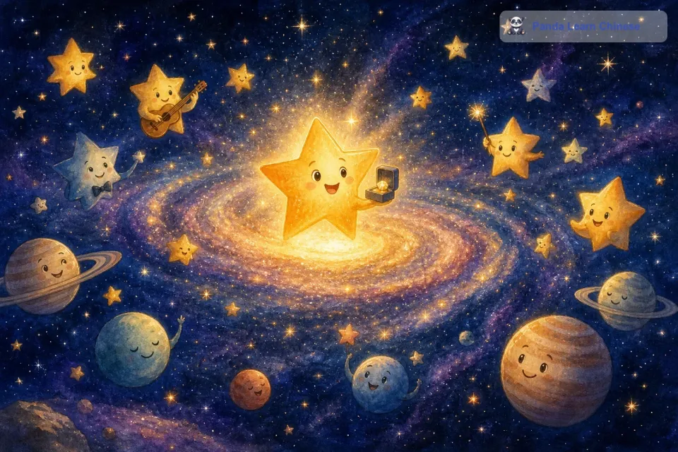 在浩瀚的银河里，住着数不清的星星。有一天，最亮的那颗星星提议：“咱们来举办一个派对吧，好久没有热闹一下啦。这个提议得到了所有星星的响应。