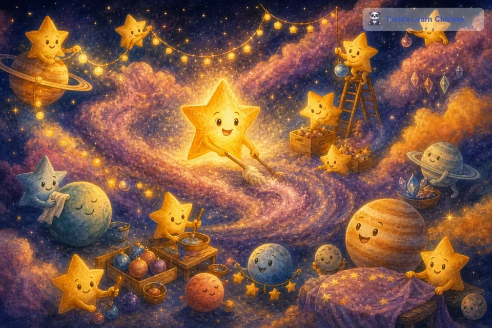 于是，星星们纷纷开始为派对做准备。他们把自己居住的星云打扫得干干净净，还从周围的星球上找来了各种各样的东西来装饰场地。