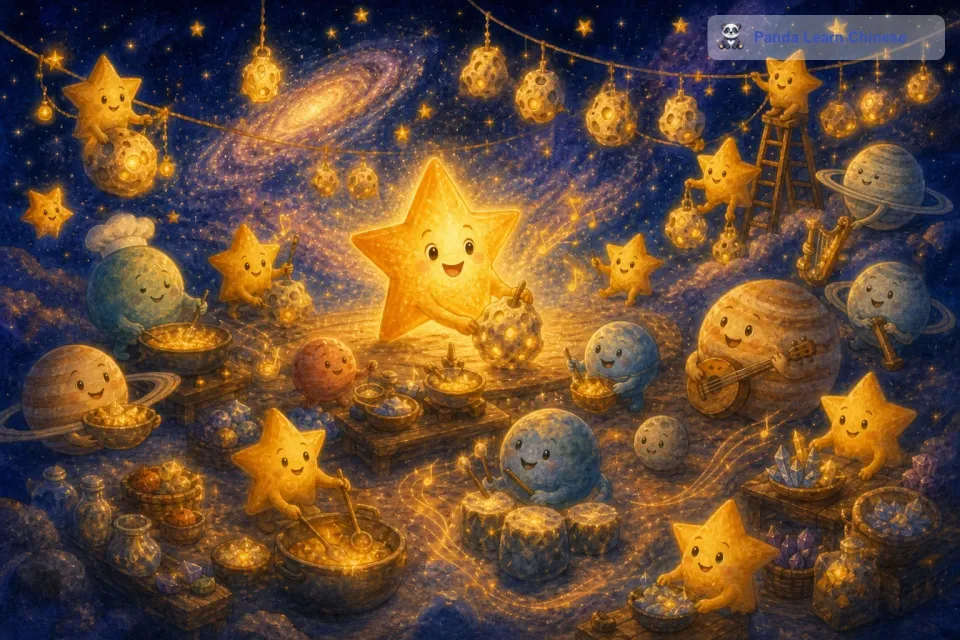星星们有的在挂彩灯，这些彩灯是用小行星打磨而成的，散发着柔和的光芒；有的星星在摆放美食，那些美食是由宇宙间的能量汇聚而成的，看起来美味极了。还有的星星在调试音乐，那音乐声仿佛是宇宙的心跳，在整个银河里回荡。