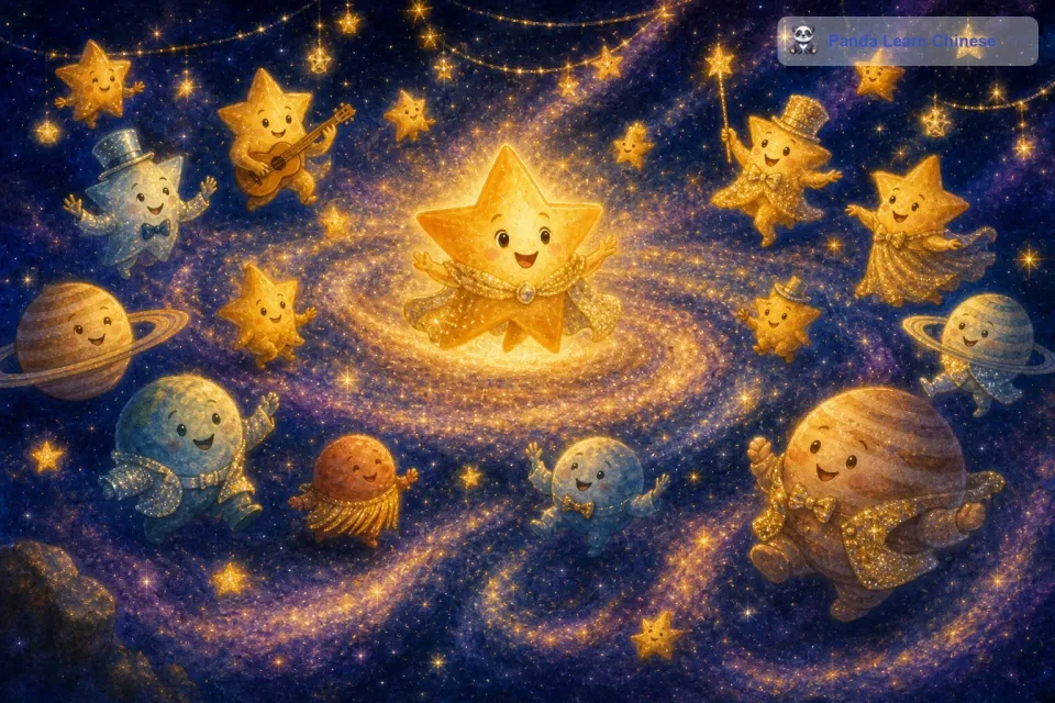 一切准备就绪后，派对正式开始了。星星们穿着自己最闪亮的衣服，围在一起跳舞。
