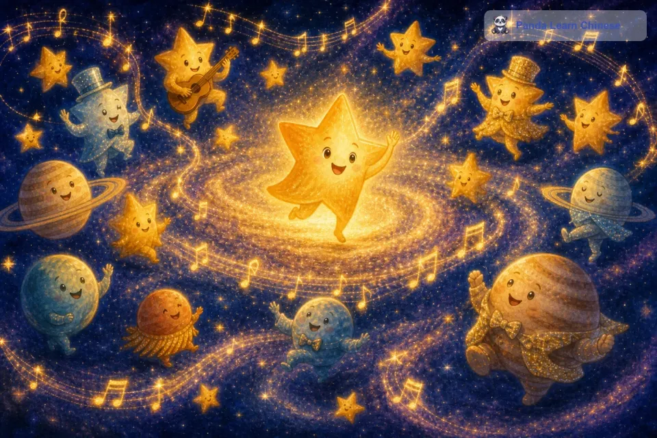 他们的舞步轻盈而欢快，就像闪烁的光线交织在一起。每一颗星星都像是一颗跳动的音符，共同谱写着银河里最快乐的旋律。