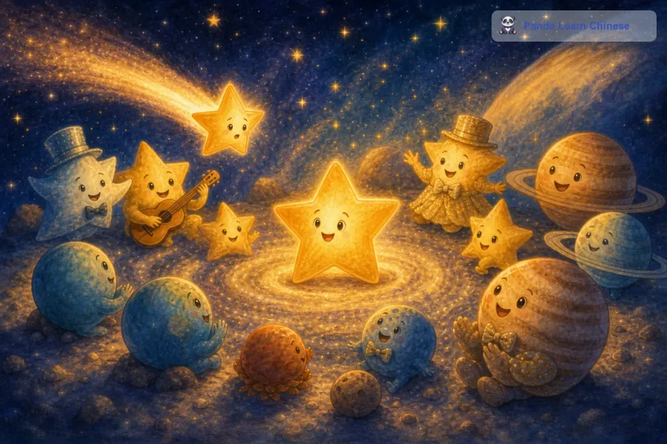 在跳舞的过程中，一颗小小的流星划过天际。它有些害羞地对星星们说：“我可以参加你们的派对吗？我一直很想和大家一起玩。星星们热情地欢迎了流星，还让它坐在最中间的位置。
