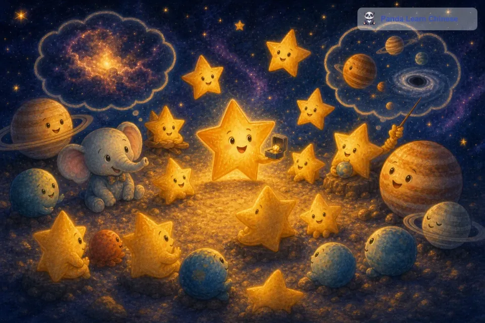 随着派对的进行，星星们开始分享自己的故事。有的星星讲述了自己如何从一团星云成长为一颗耀眼的星星；有的星星说起了自己在宇宙中旅行时看到的奇妙景象，那些巨大的气态行星、神秘的黑洞，让大家都听得入了迷。