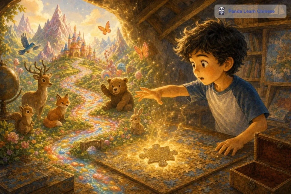 当托尼快要把拼图拼完的时候，一道耀眼的光芒从拼图中射了出来。他惊讶地发现，拼图上的图案竟然变成了一个真实的世界，有高耸入云的彩色山脉，有流淌着糖果的河流，还有会说话的小动物在树林间穿梭。托尼被眼前的景象深深吸引，忍不住把手伸向了拼图中的世界。